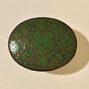 Small Vintage Wooden Box with Green Floral Botanical Pattern